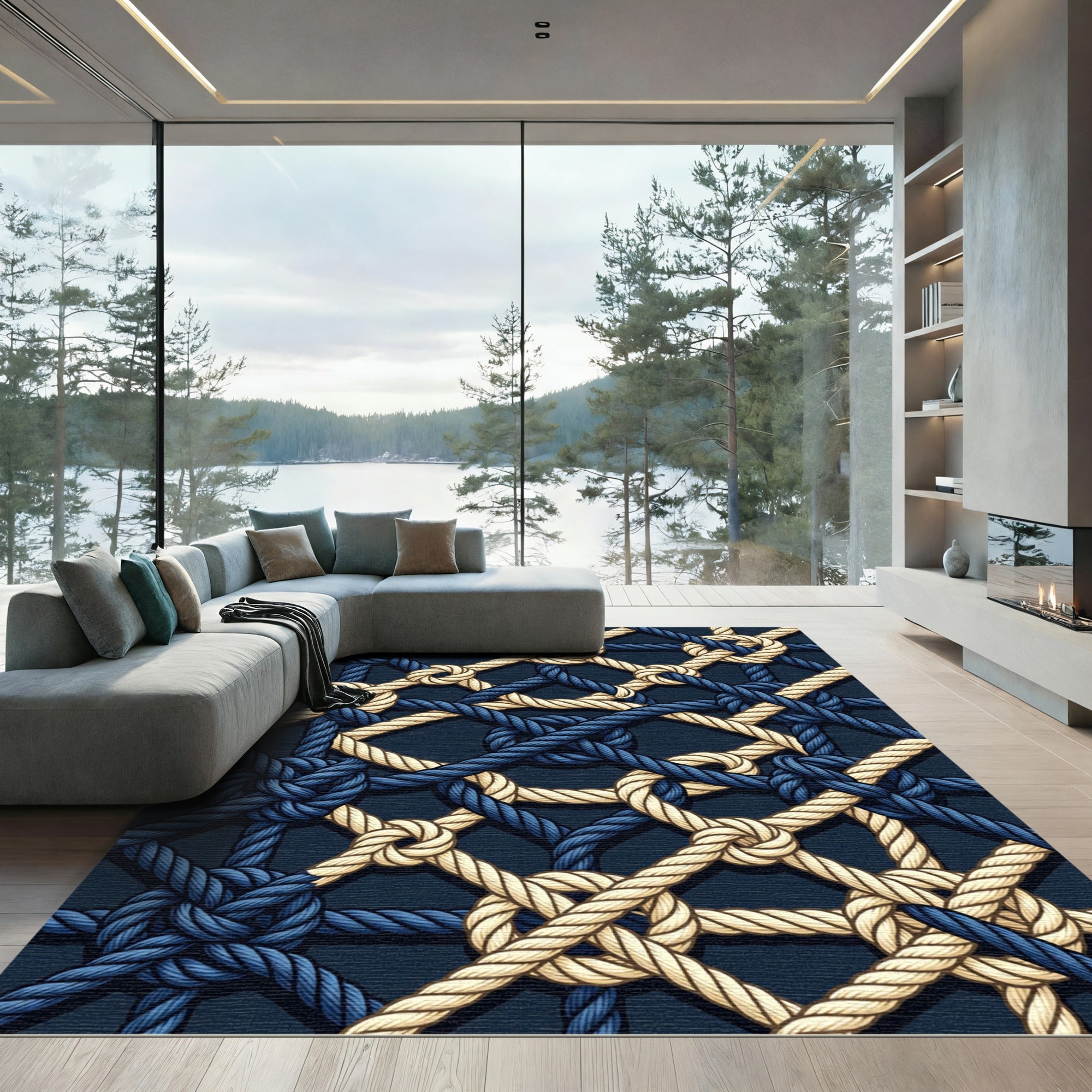 Nautical Navy and Cream Interlocked Rope Rug