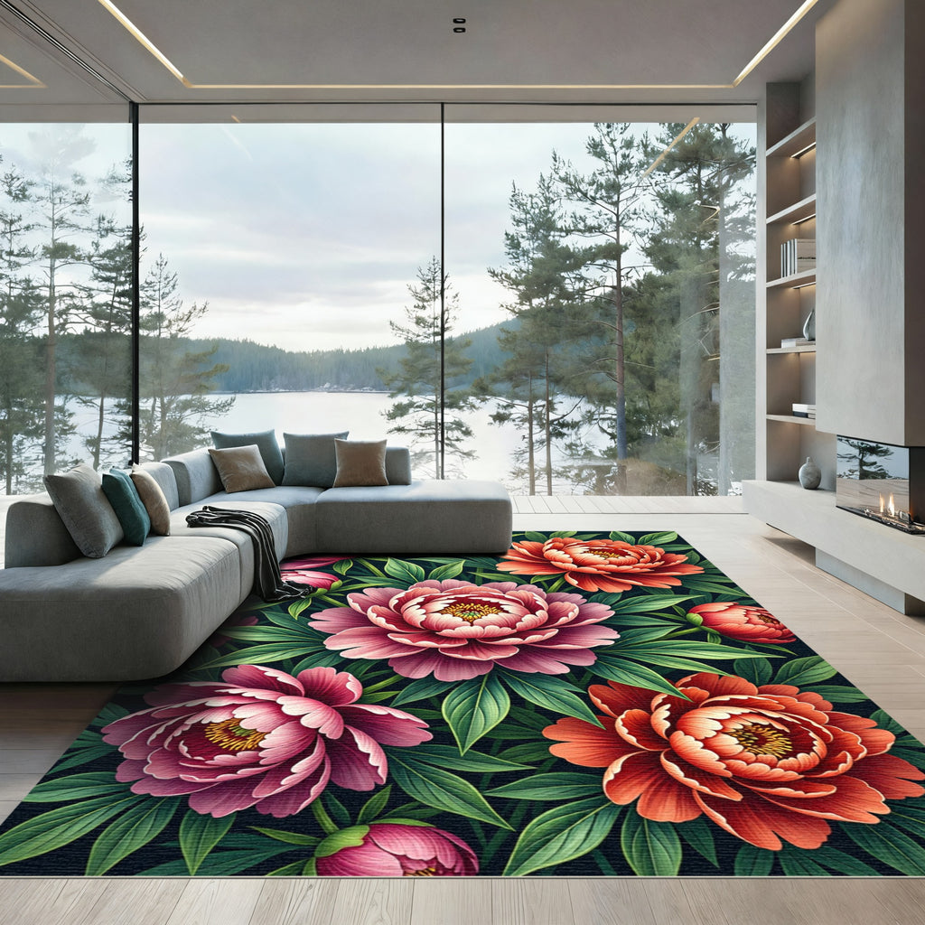 Radiant Coral Pink Peony Garden Rug