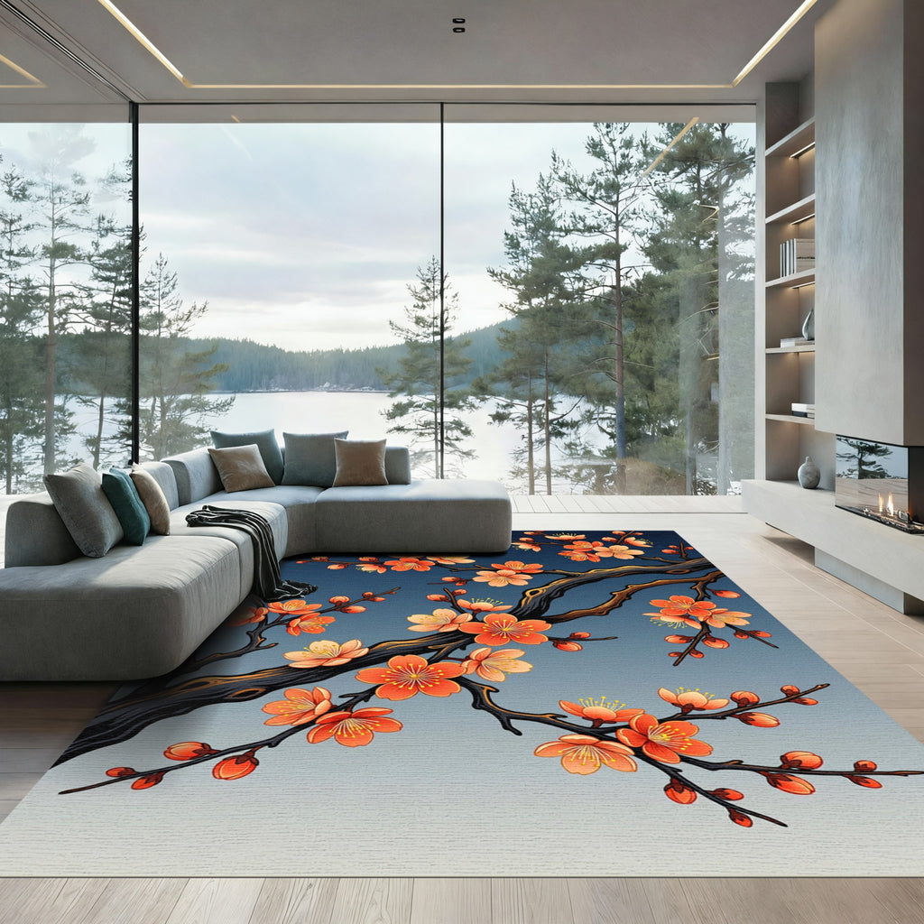 Coral Cherry Blossom Branches Gradient Rug