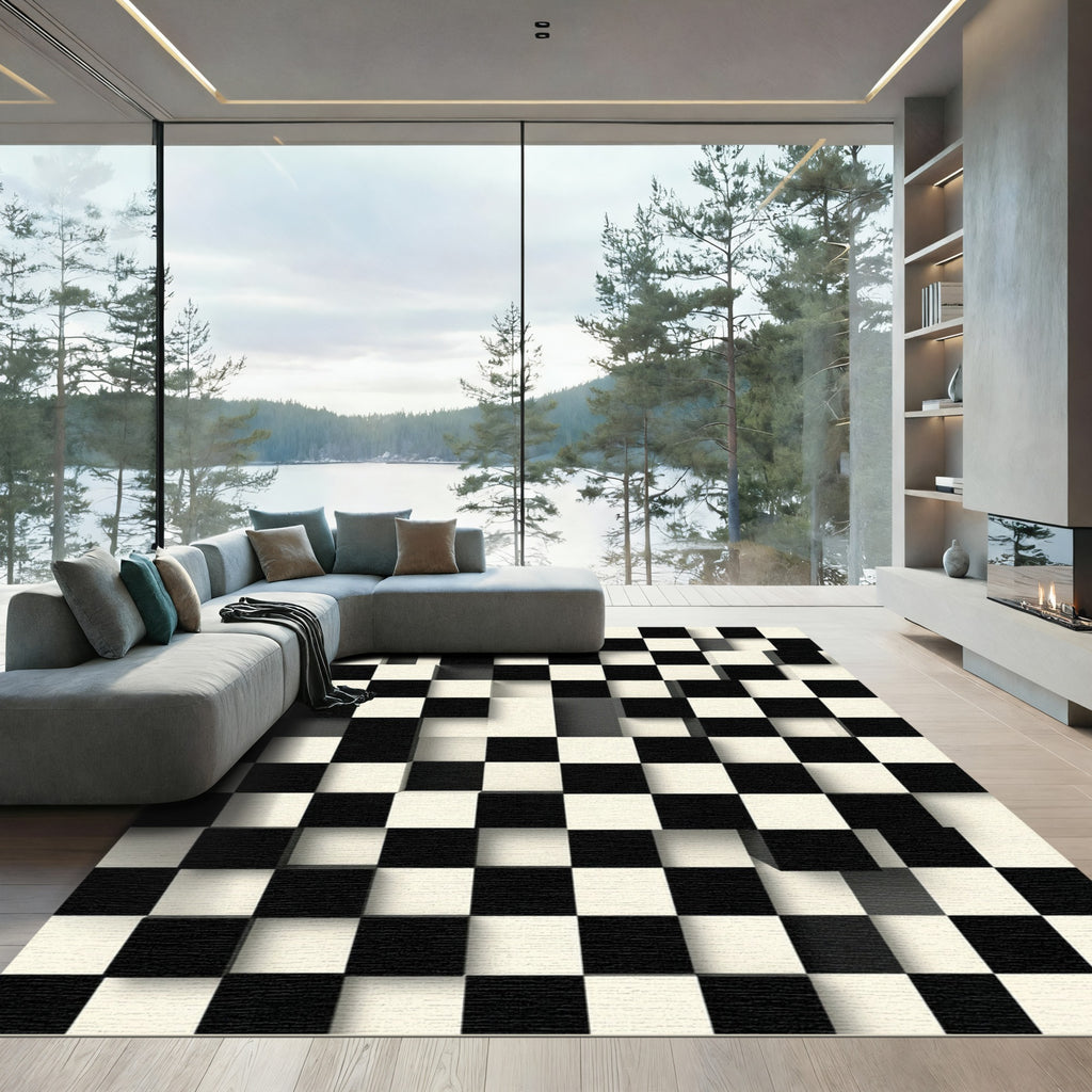 Black White Geometric Illusion Squares Rug