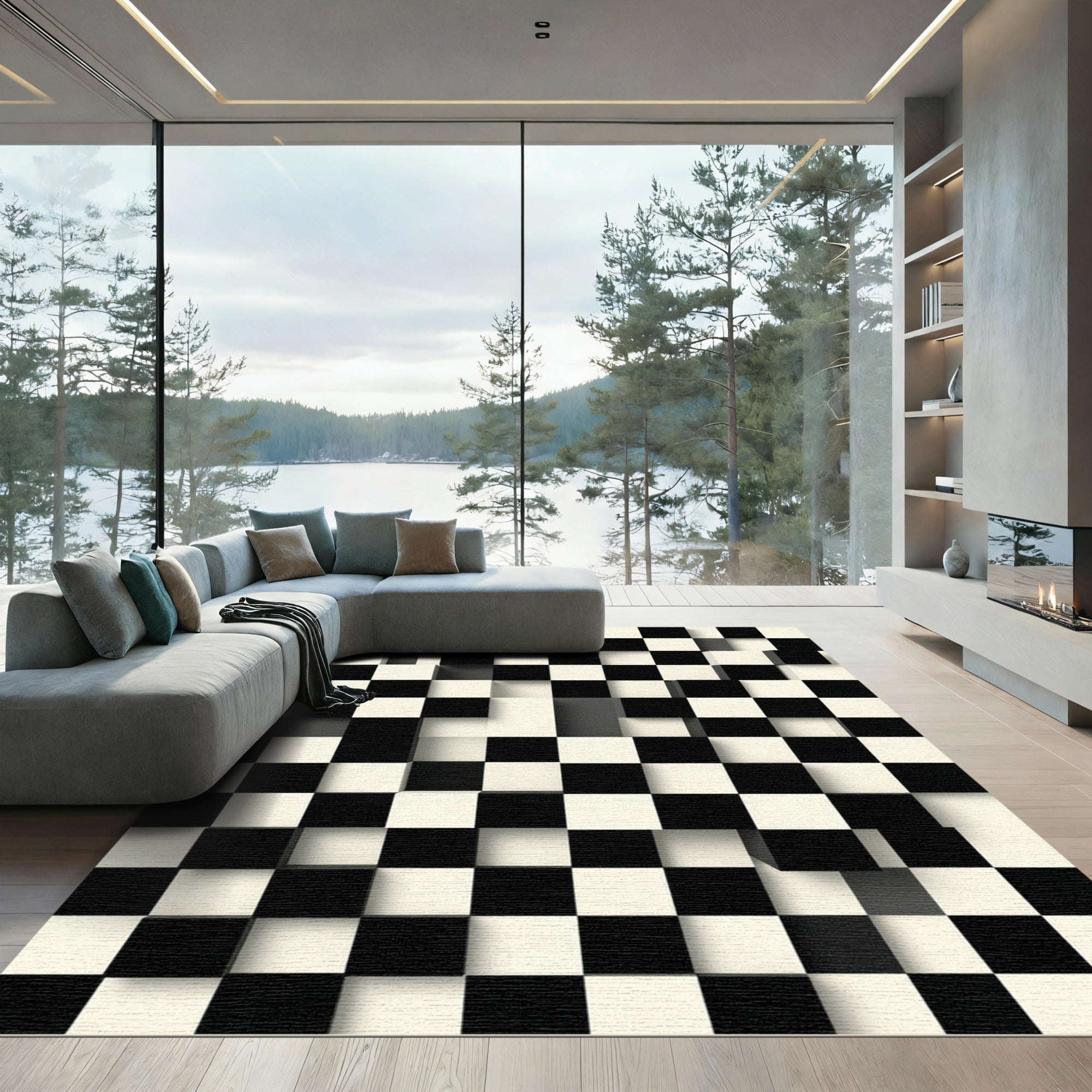 Black White Geometric Illusion Squares Rug
