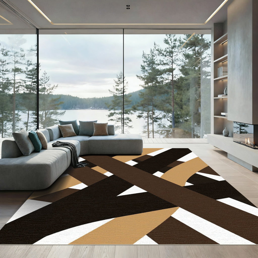 Modern Brown Interlocking Geometric Abstract Rug