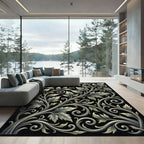 Ornate Cream Scroll Leaf Black Rug