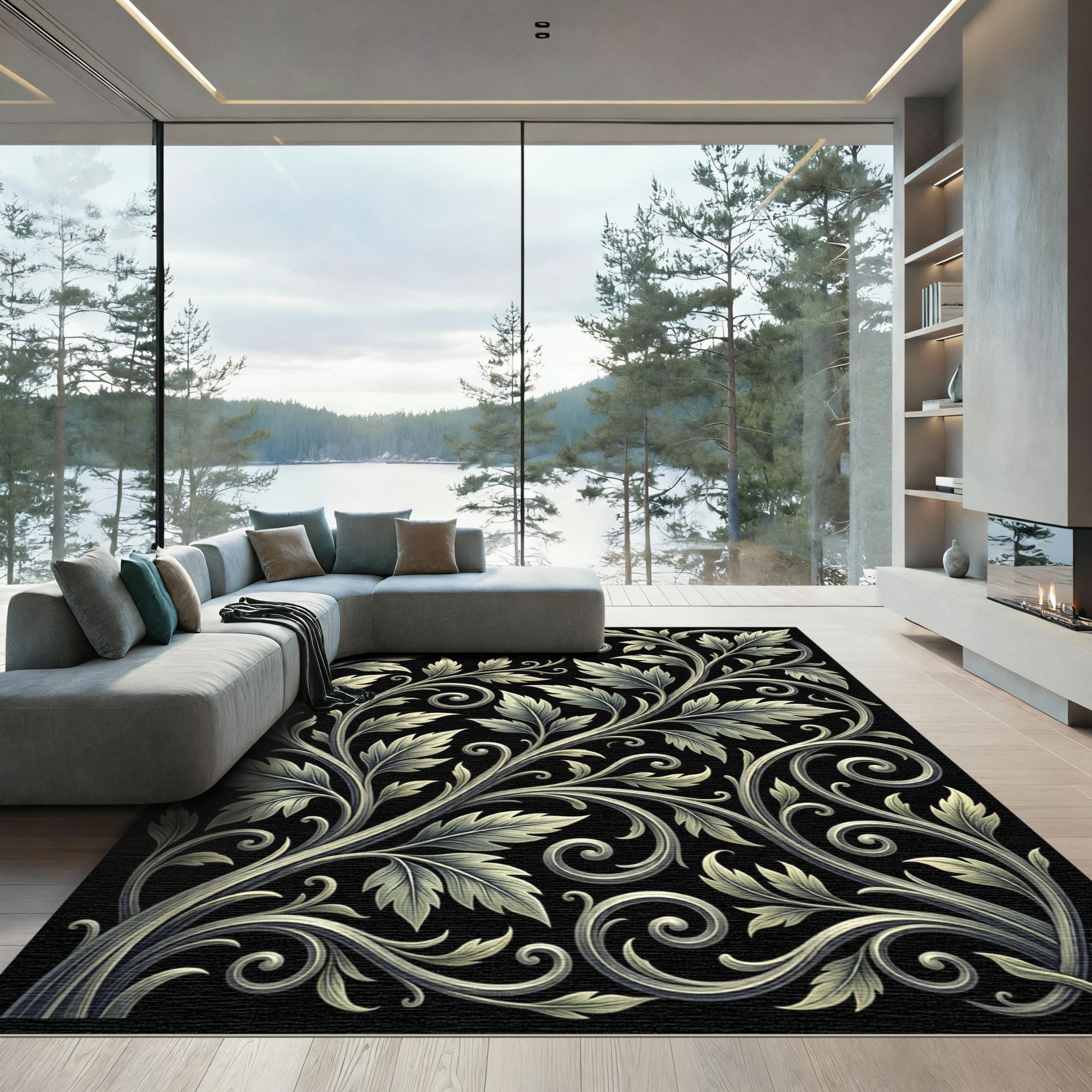 Ornate Cream Scroll Leaf Black Rug