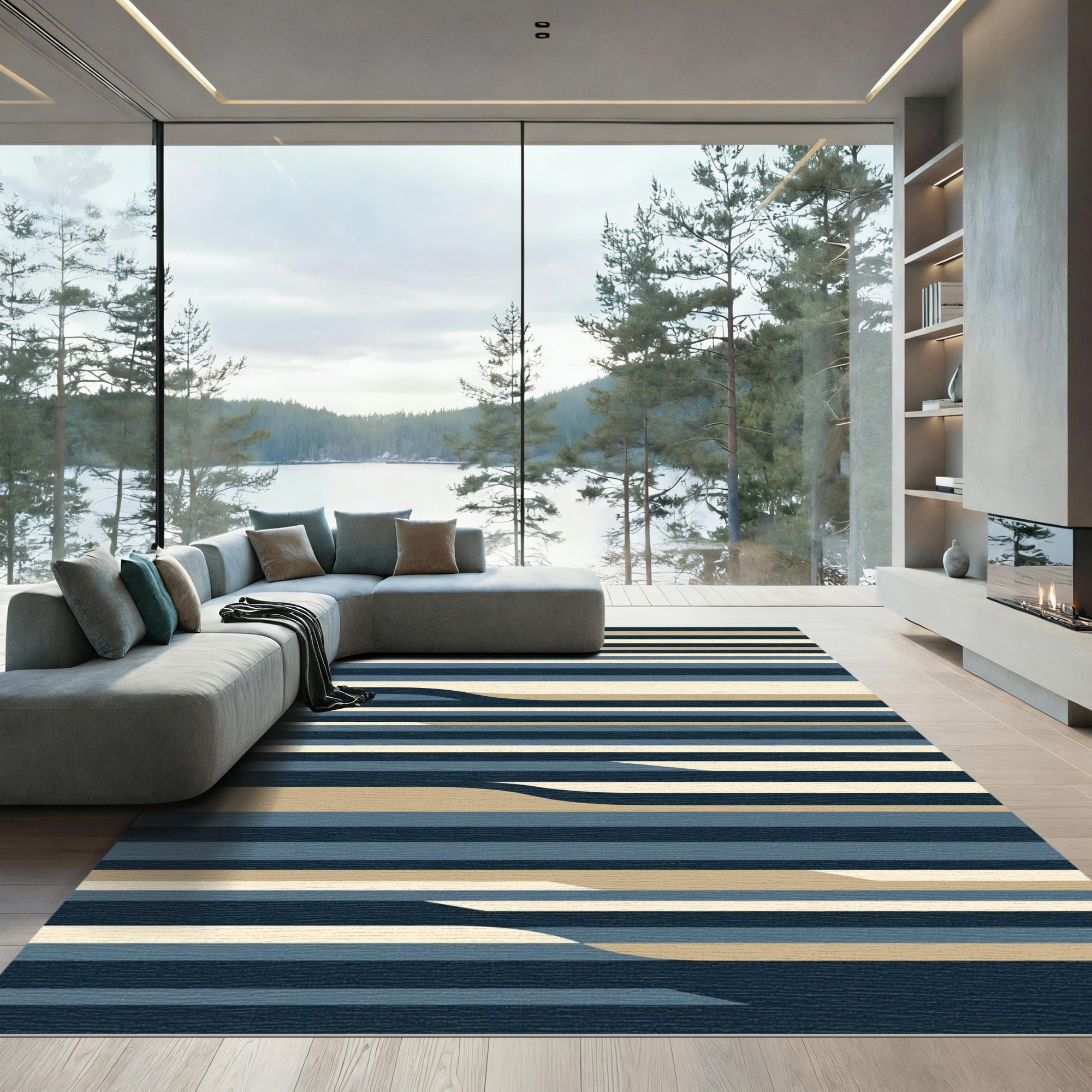 Modern Navy Beige Wave Stripes Rug