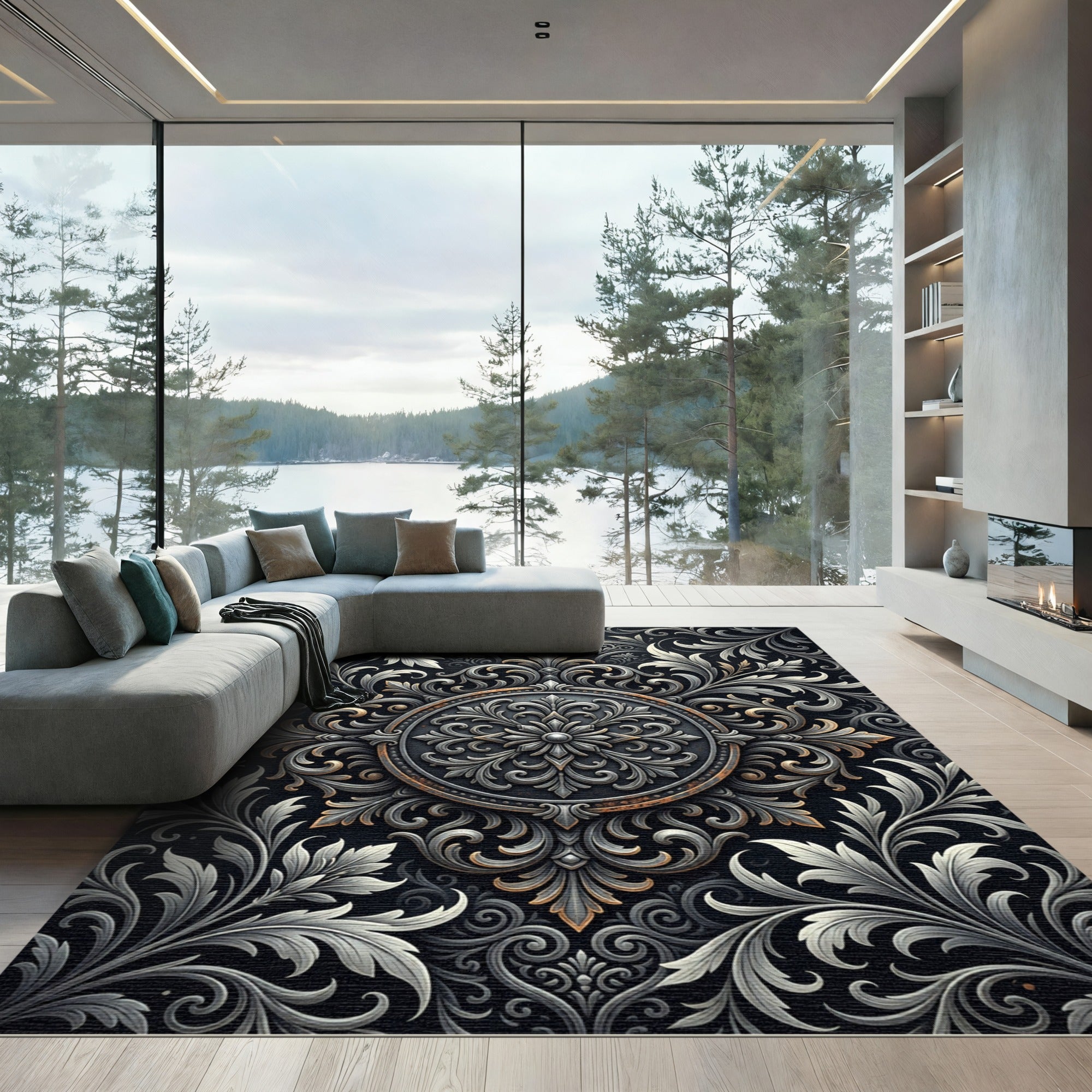 Ornate Silver Charcoal Floral Medallion Rug