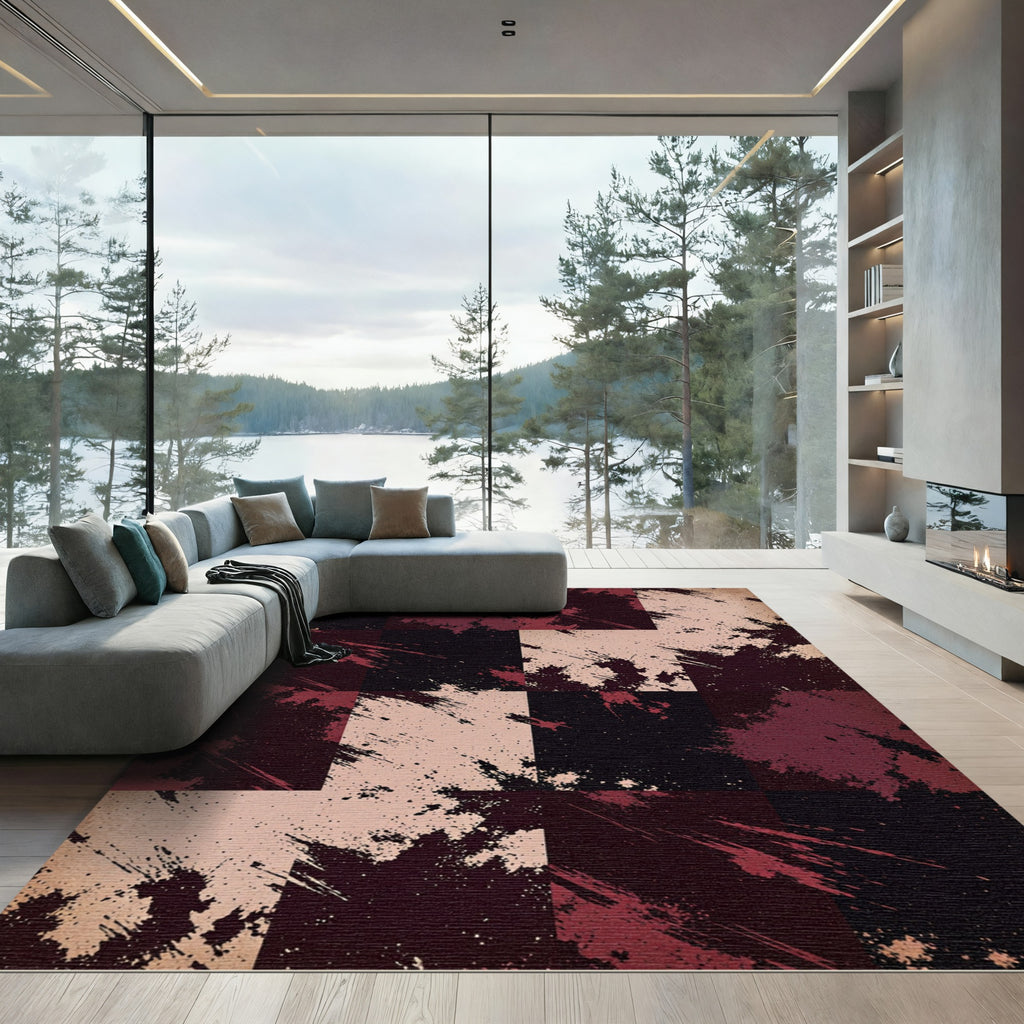 Crimson Black Splatter Check Rug