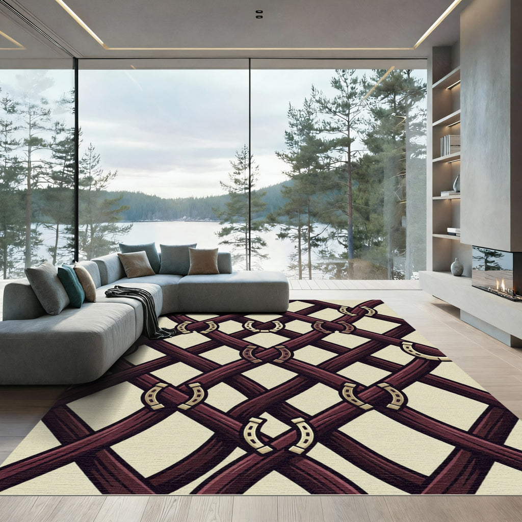 Equestrian Horseshoe Lattice Burgundy Weave Rug