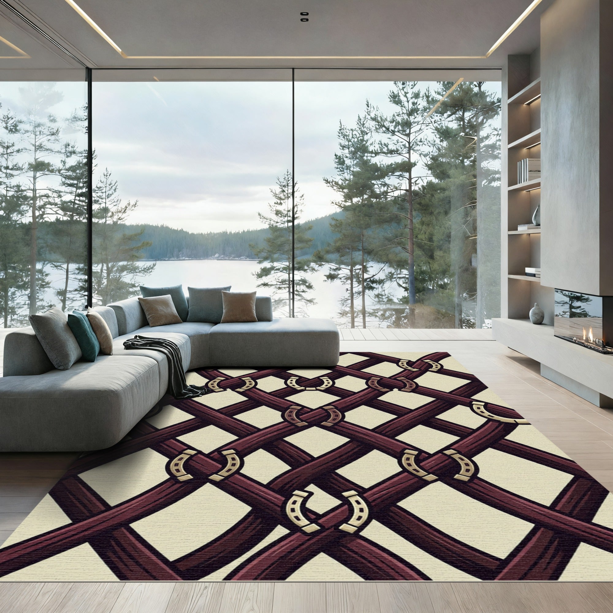Equestrian Horseshoe Lattice Burgundy Weave Rug
