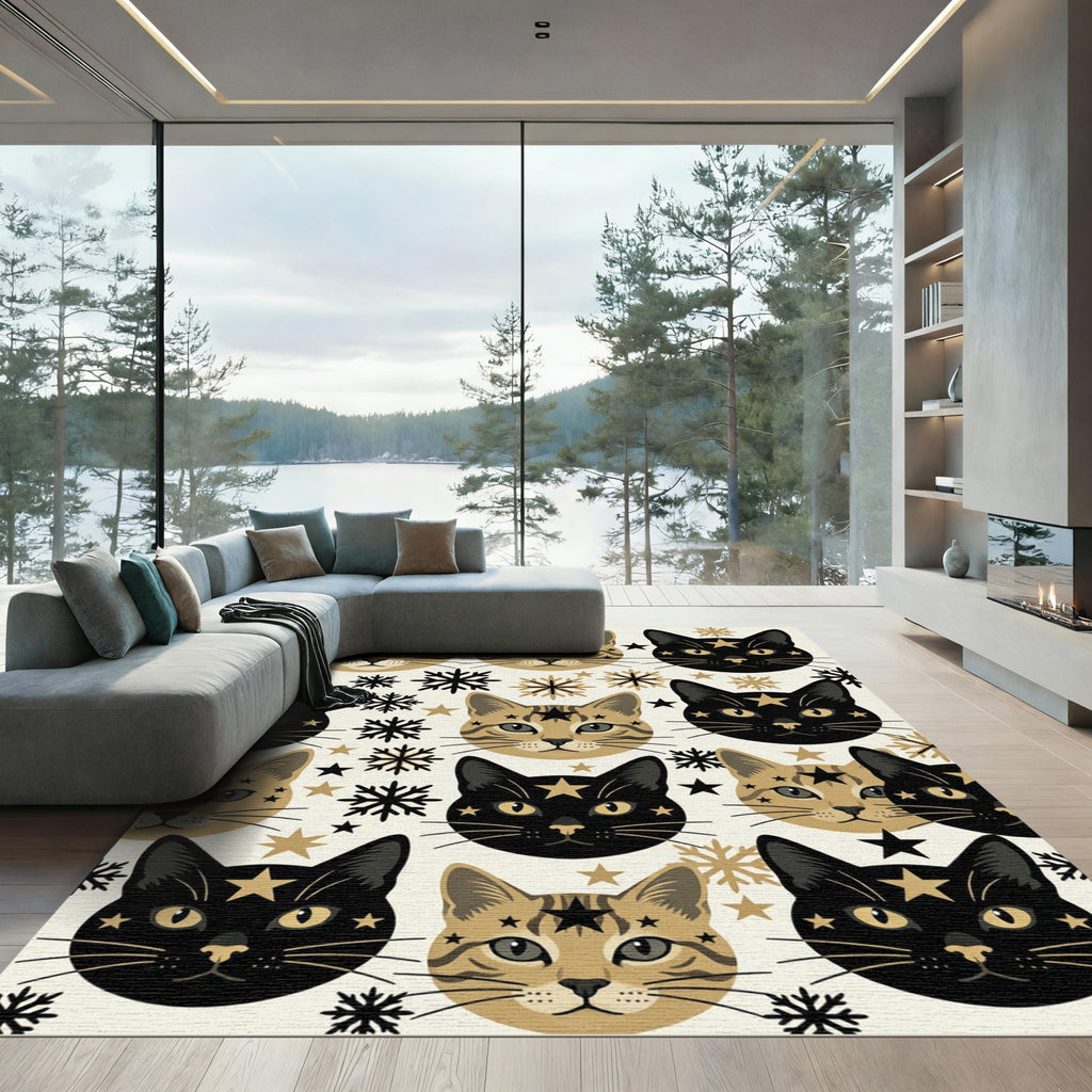 Whimsical Celestial Cats with Gold Snowflakes Rug