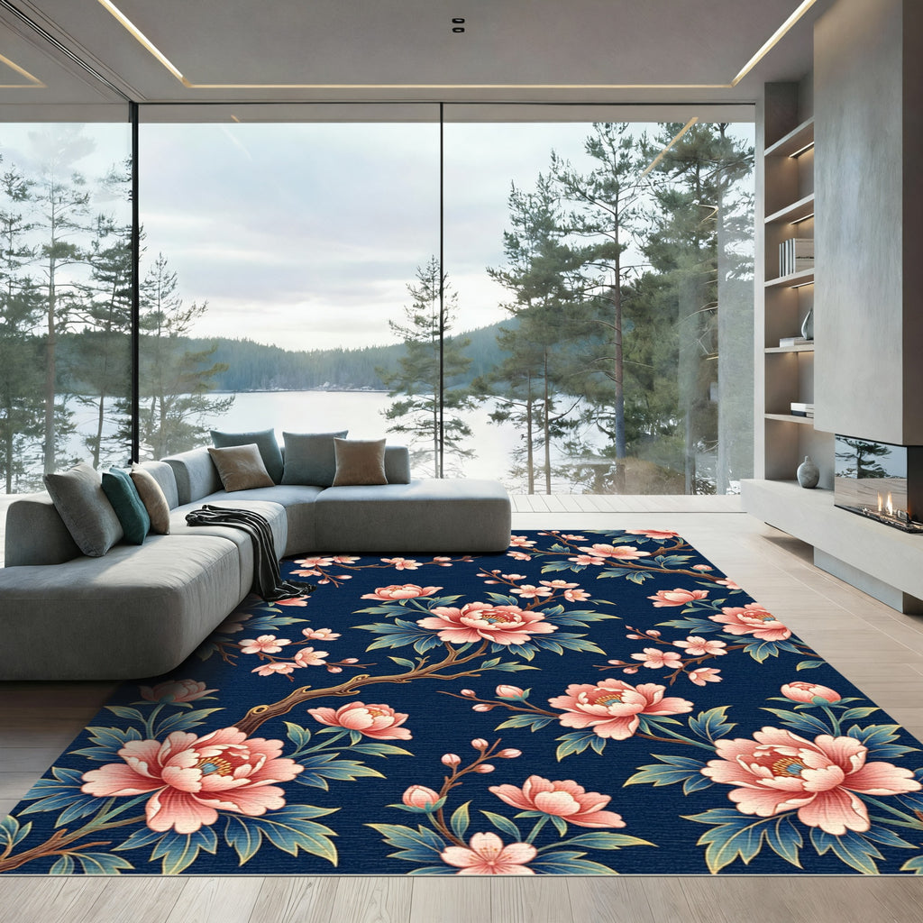 Elegant Pink Peony Navy Floral Rug