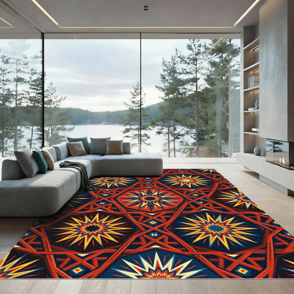 Vibrant Red Blue Sunburst Geometric Rug