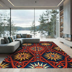 Vibrant Red Blue Sunburst Geometric Rug