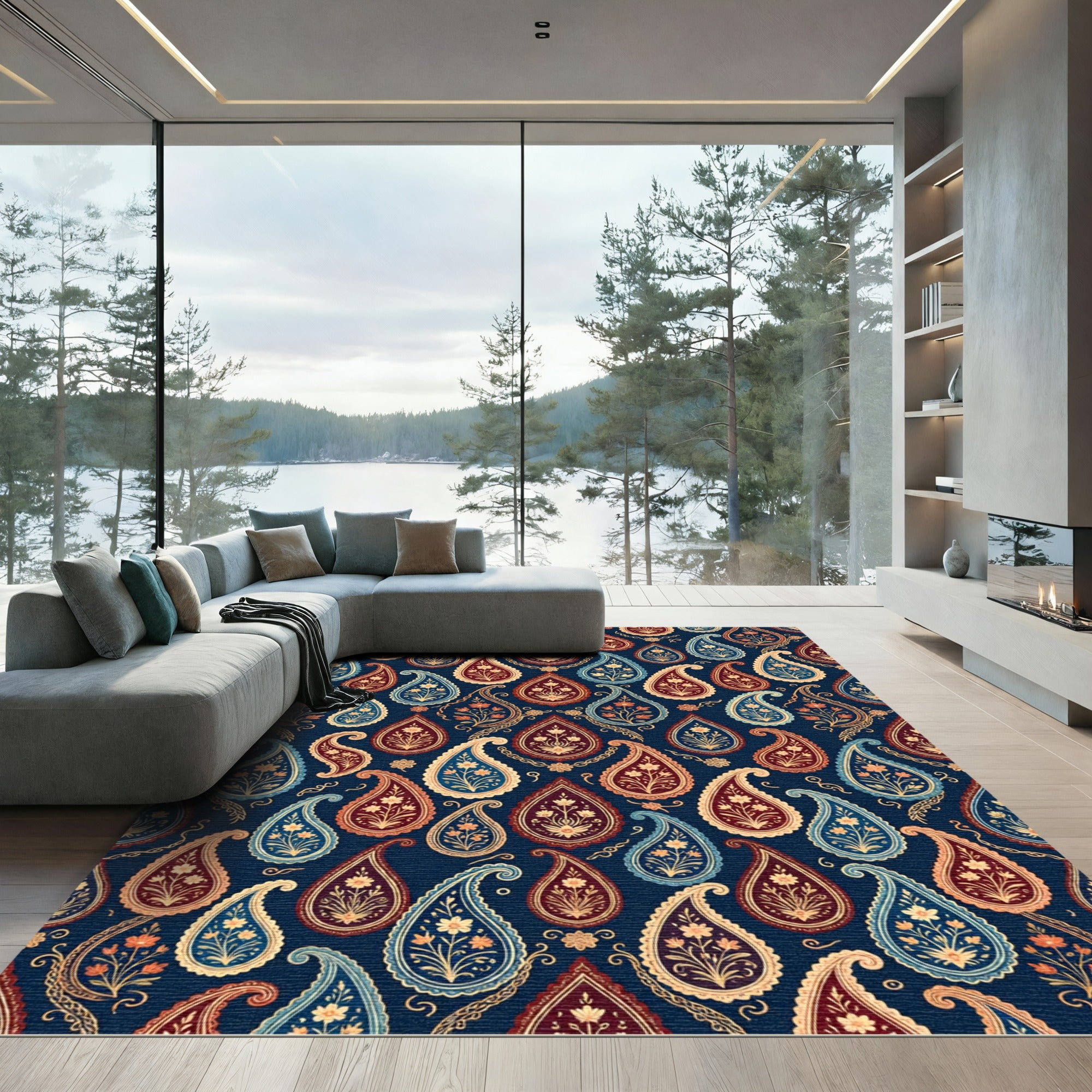 Elegant Navy Blue Ornate Paisley Rug