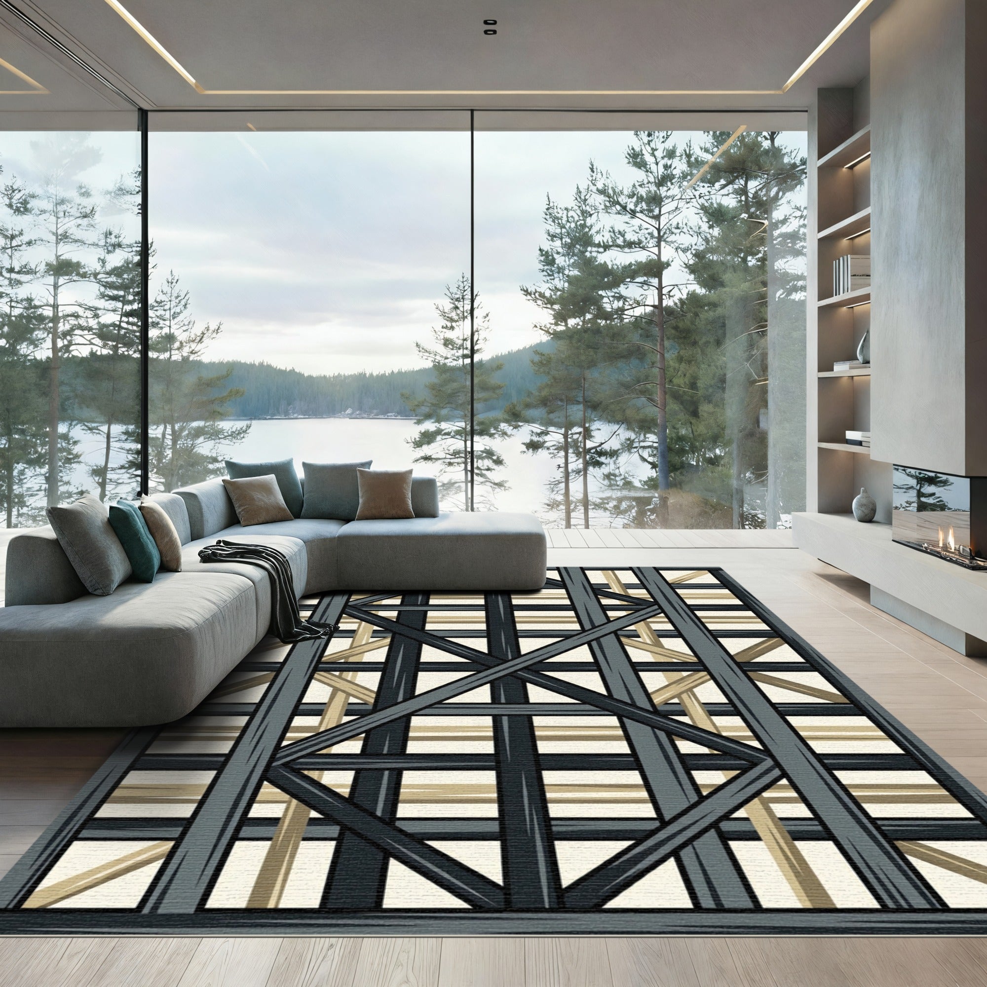 Geometric Lattice Dark Gray and Tan Rug