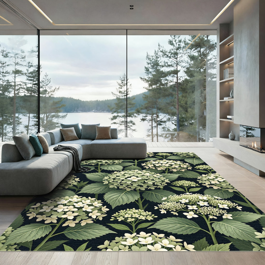 Elegant White Hydrangea Botanical Dark Background Rug
