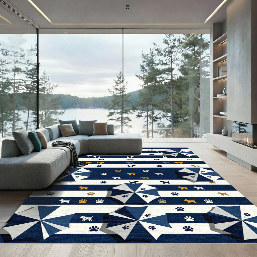 Whimsical Navy Striped Puppy Umbrella Rug