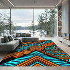 Vibrant Orange Teal Geometric Zigzag Rug
