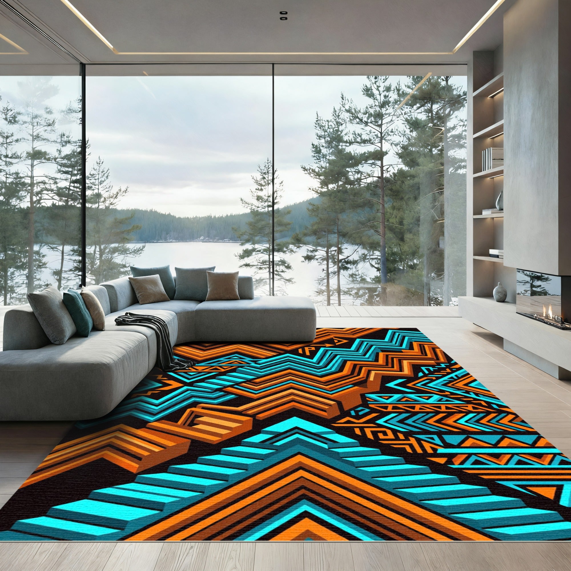Vibrant Orange Teal Geometric Zigzag Rug