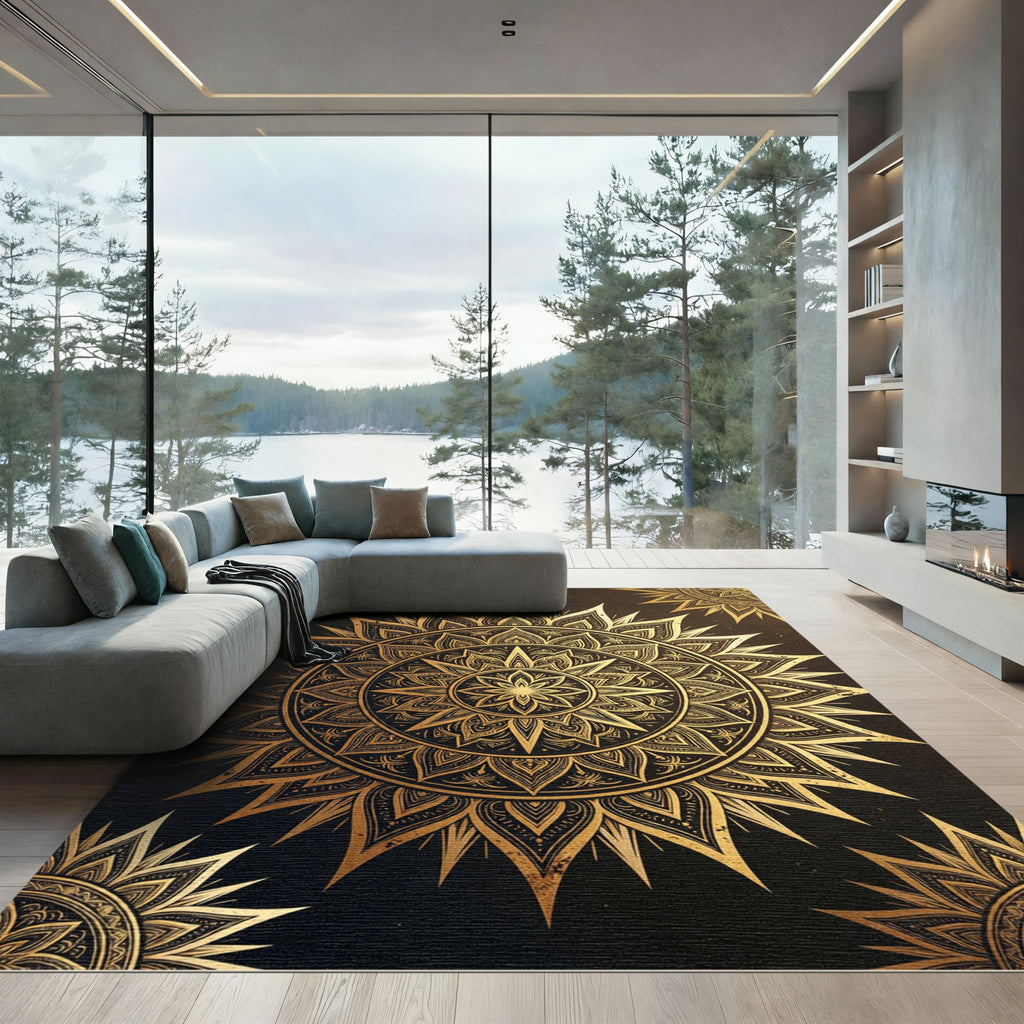 Opulent Gold Radiant Mandala Medallion Rug