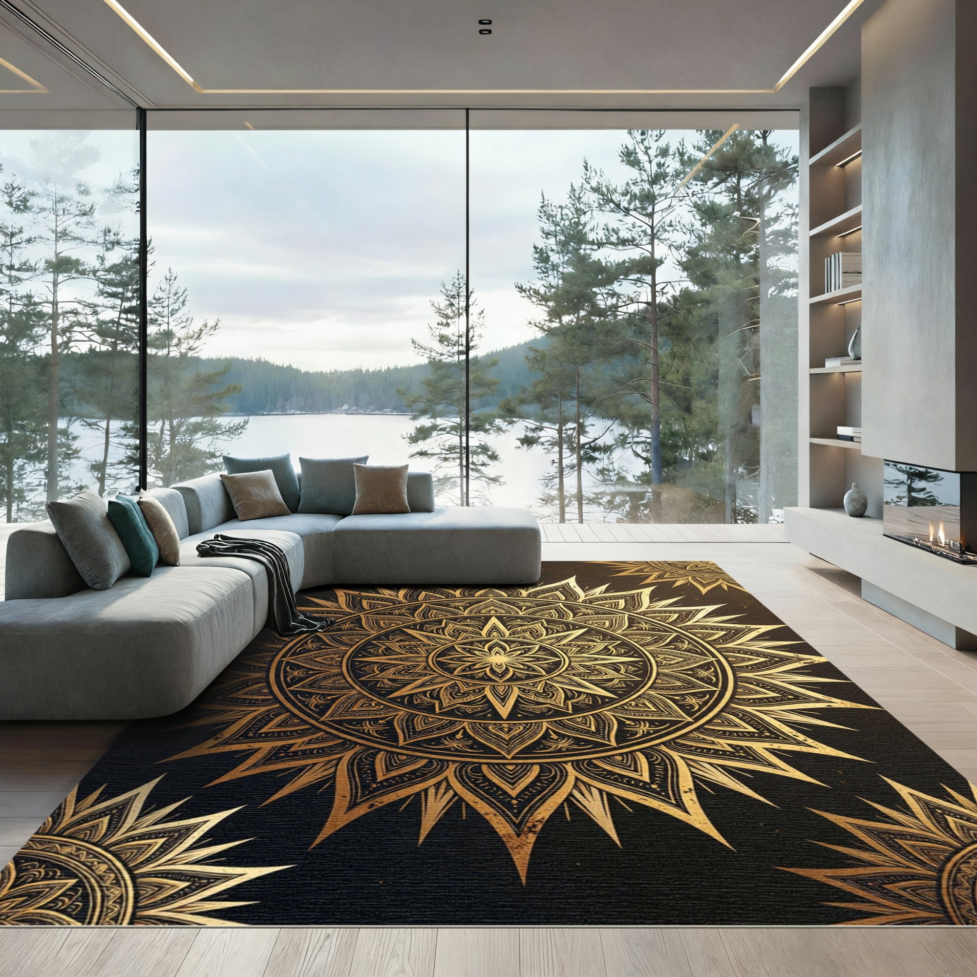 Opulent Gold Radiant Mandala Medallion Rug