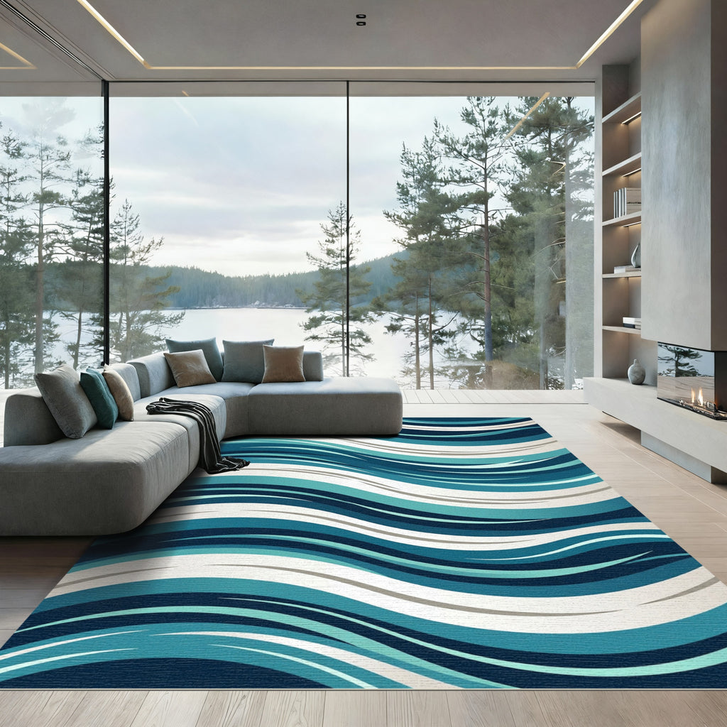 Deep Blue Teal Wave Composition Rug