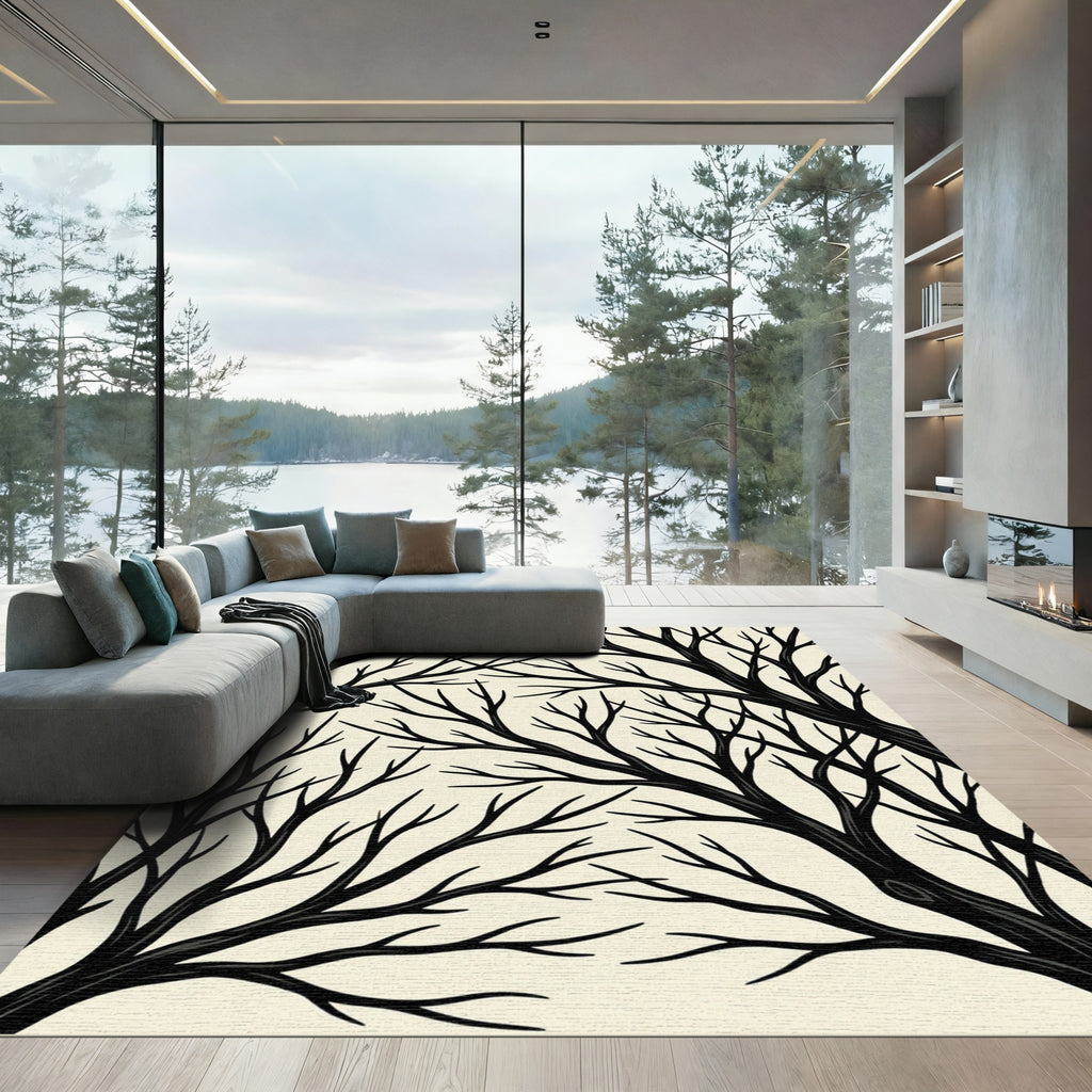 Black Bare Branches Autumn Scene Rug