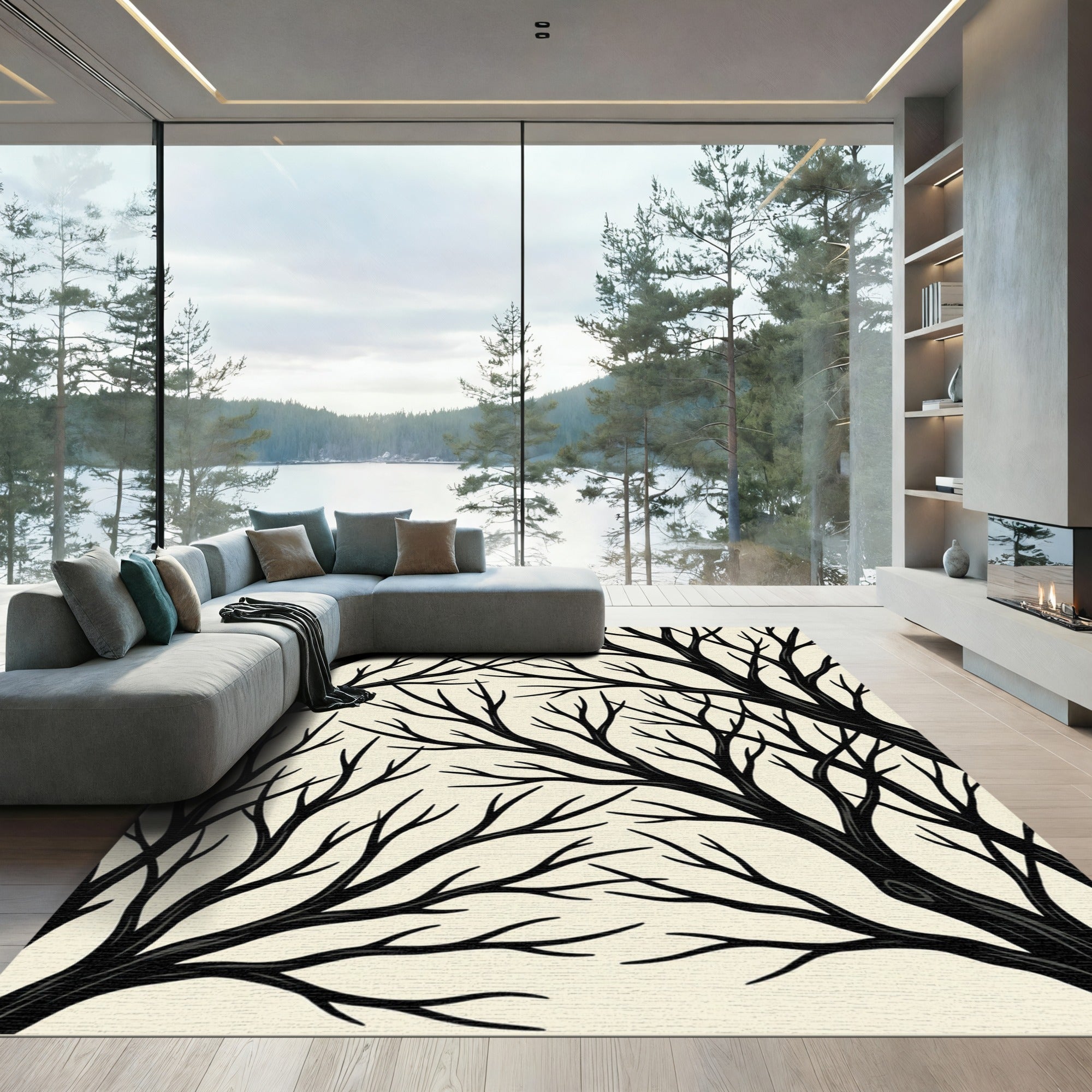 Black Bare Branches Autumn Scene Rug