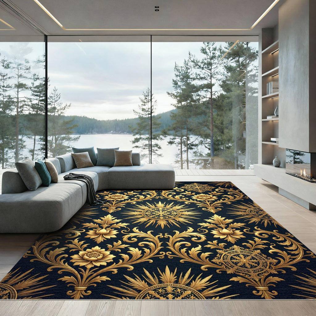 Royal Gold Floral Sunburst Damask Rug
