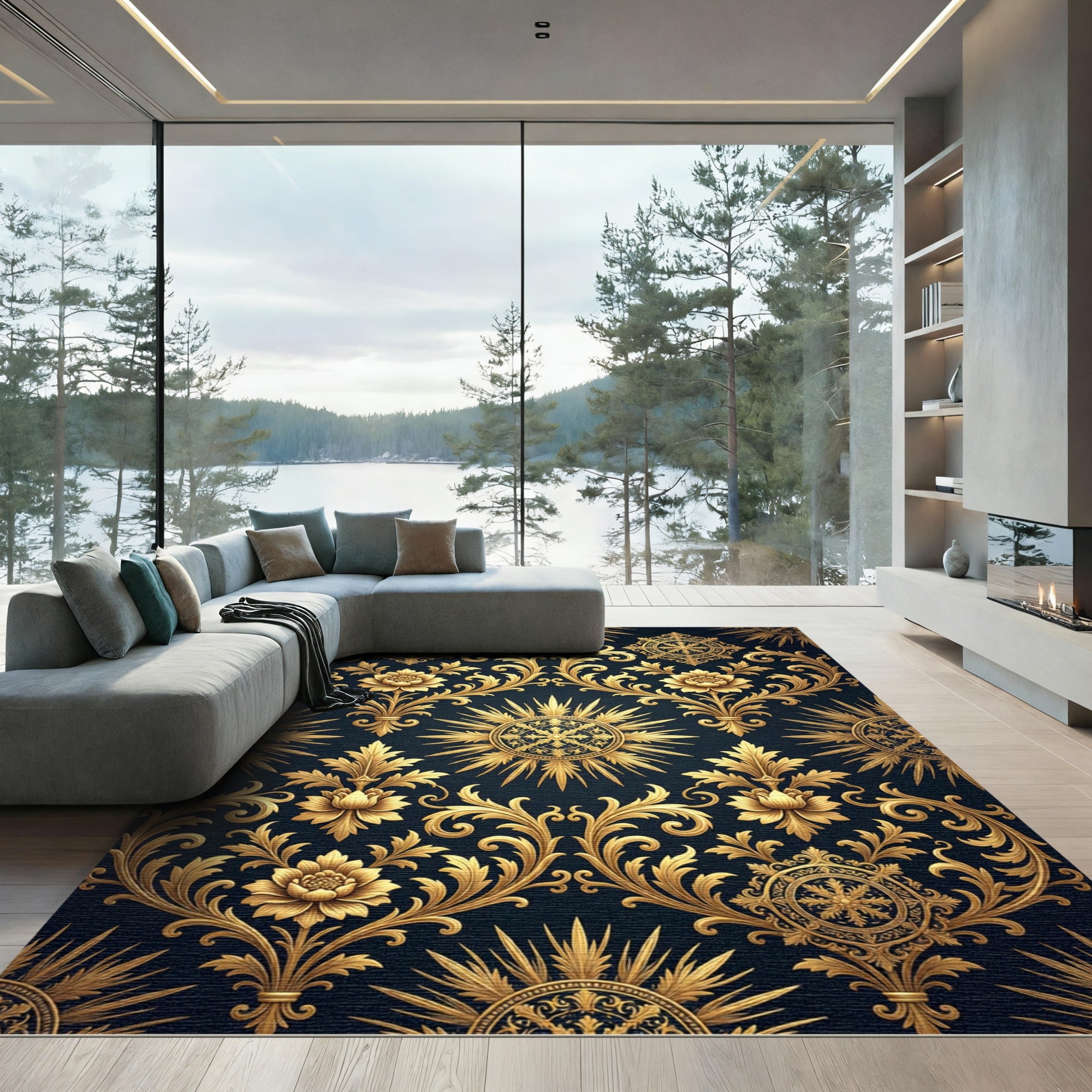 Royal Gold Floral Sunburst Damask Rug
