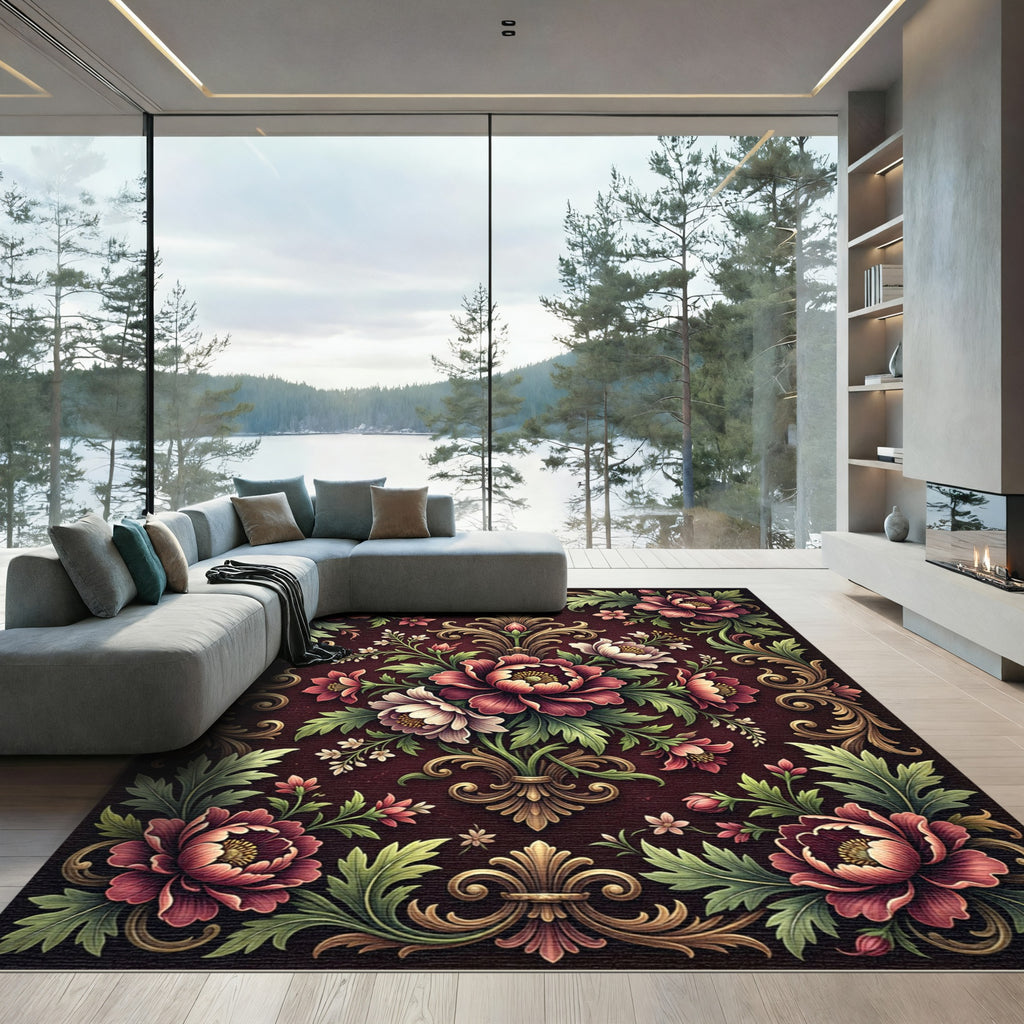 Elegant Burgundy Floral Damask Tapestry Rug