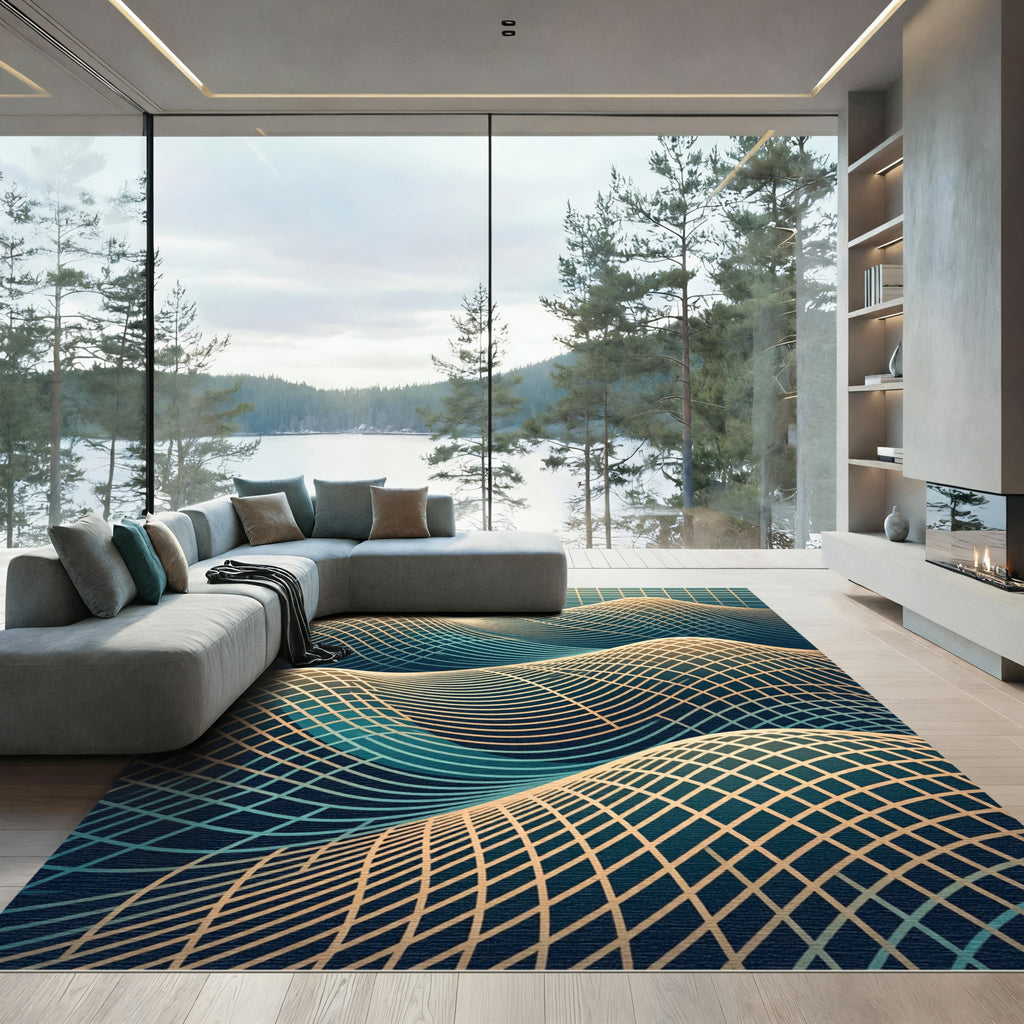 Golden Grid Wave Abstract Teal Rug