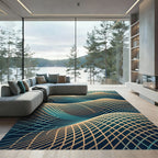 Golden Grid Wave Abstract Teal Rug