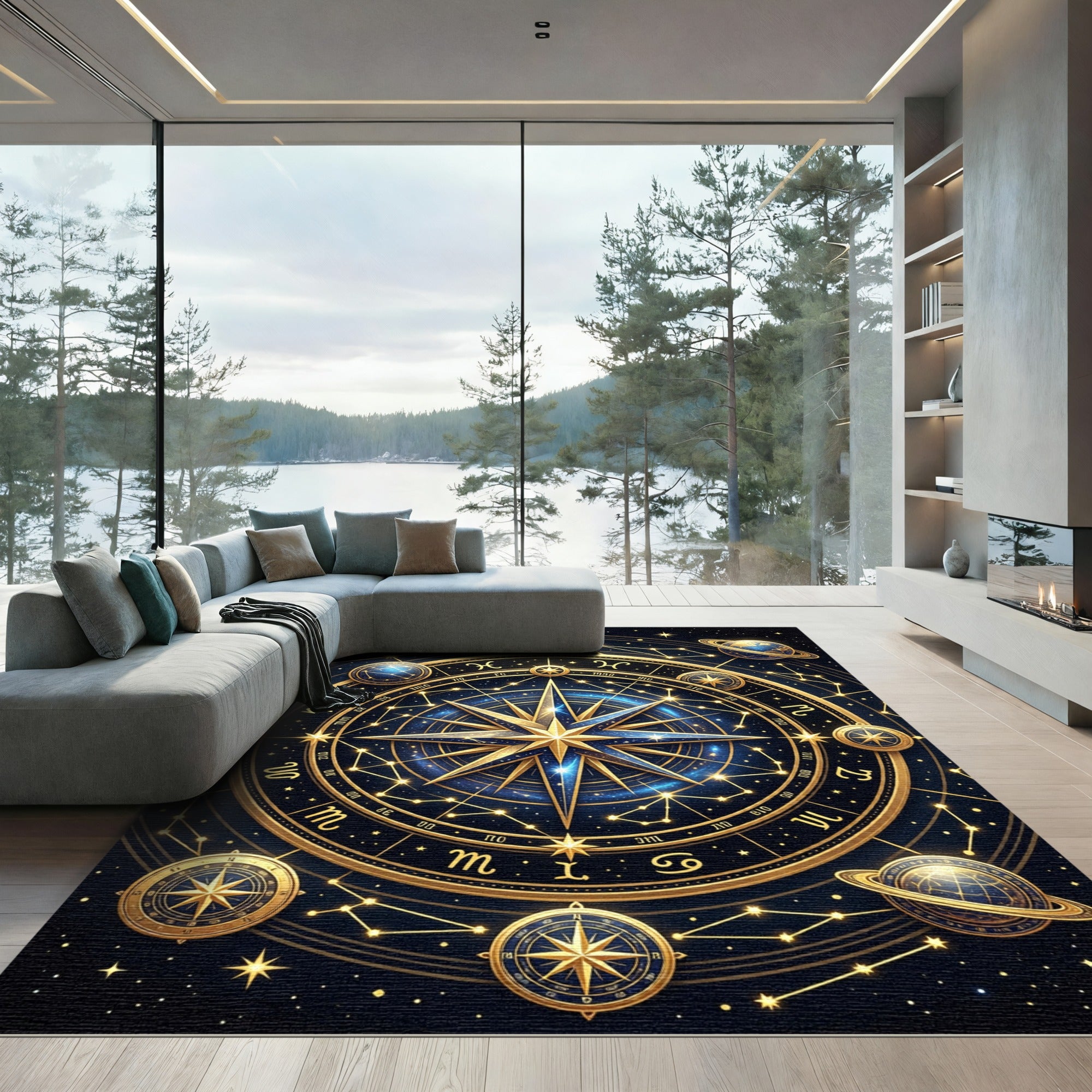 Celestial Golden Zodiac Constellation Art Rug