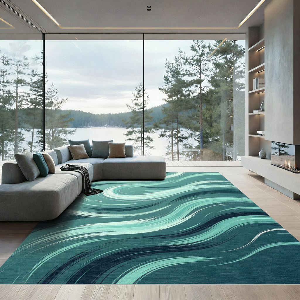Modern Teal Abstract Ocean Swirl Rug