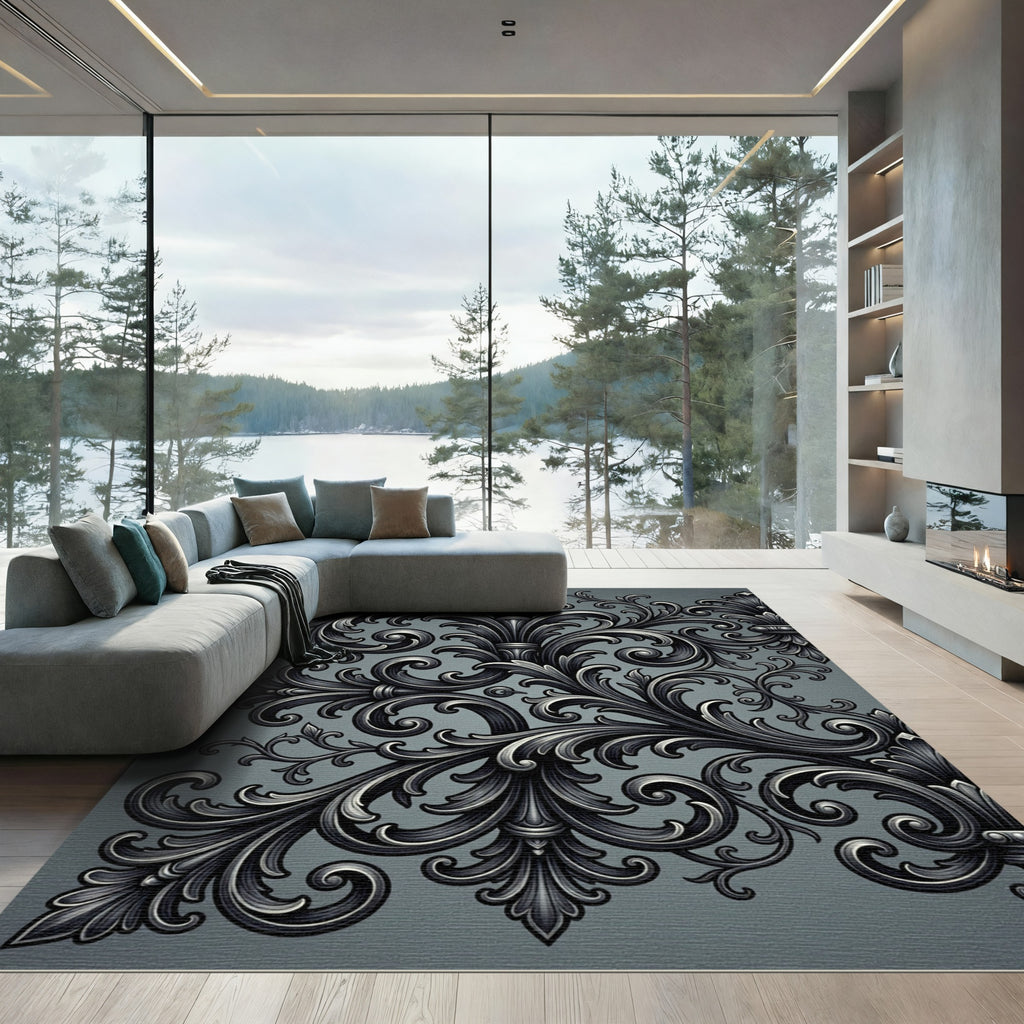Elegant Charcoal Acanthus Scroll Flourish Rug