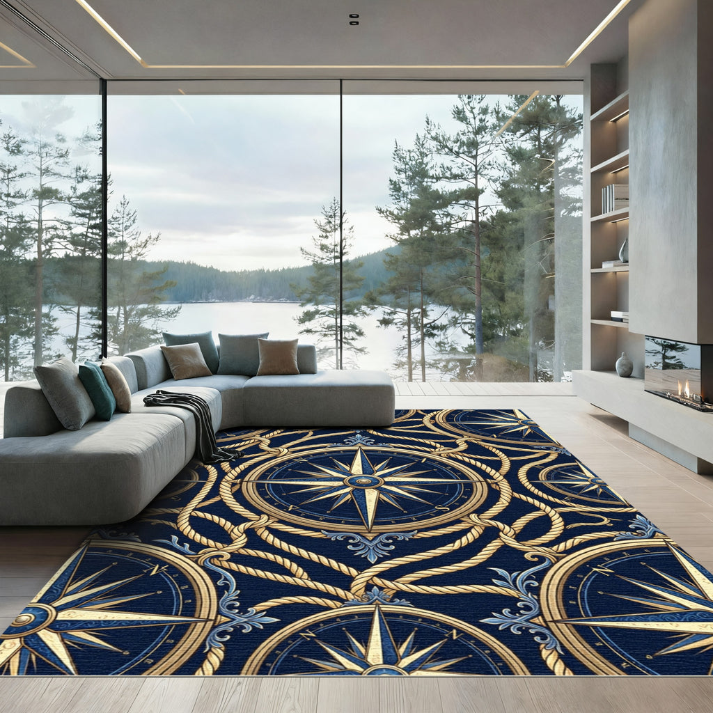 Nautical Compass Blue Gold Rope Rug