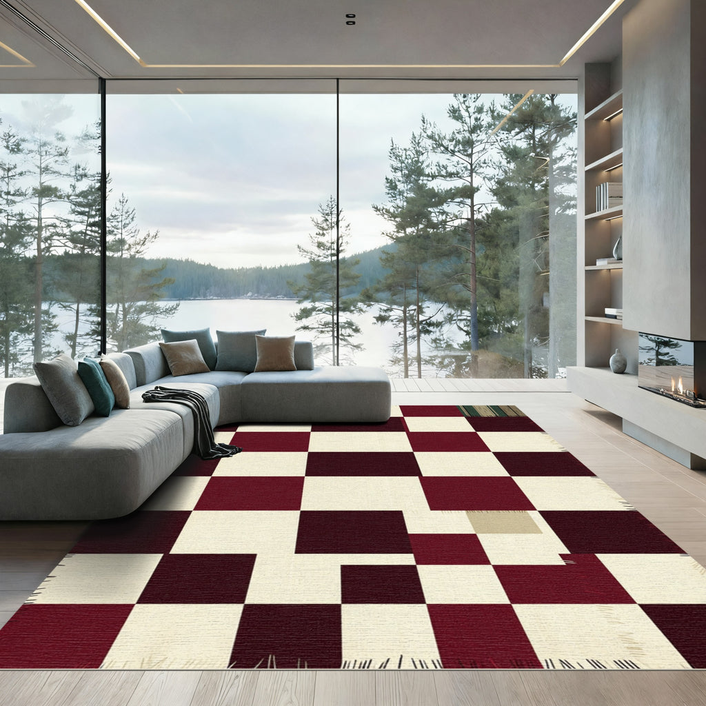 Burgundy and Cream Checkerboard Grid Rug