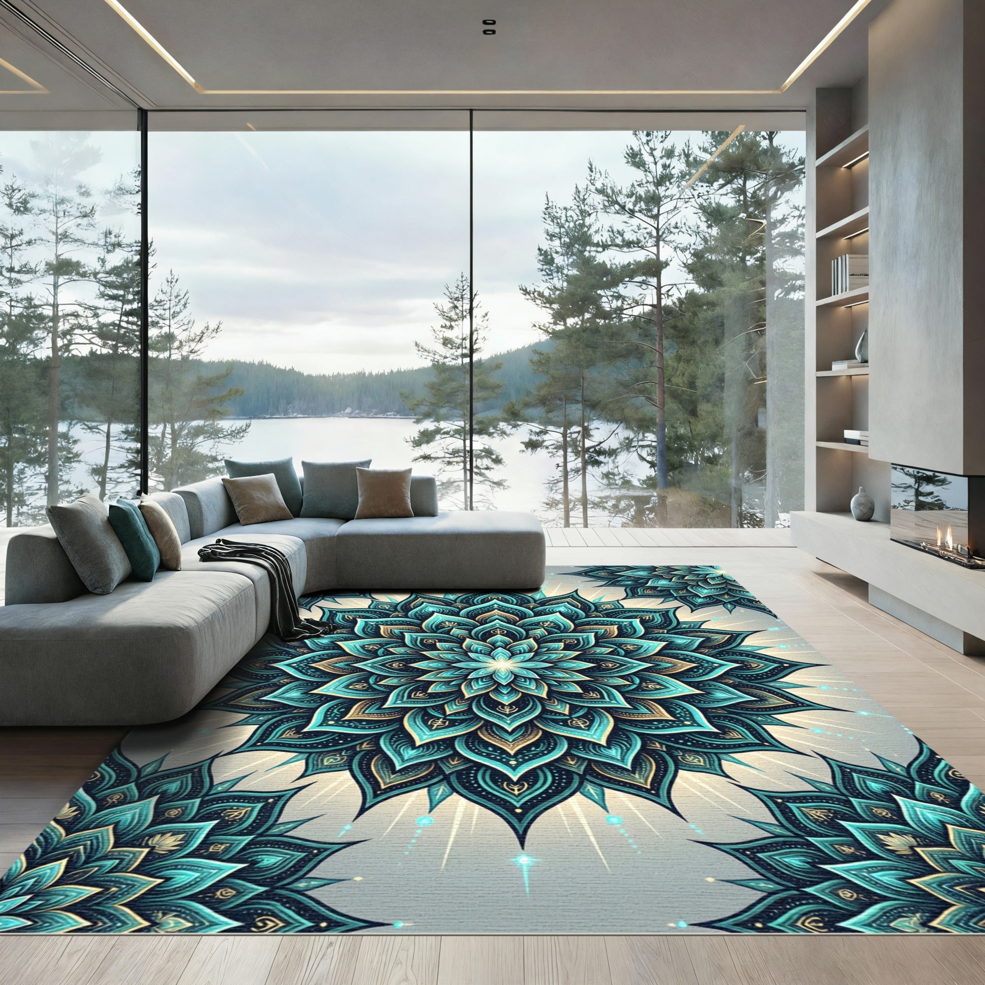 Teal Golden Mandala Bloom Radiance Rug