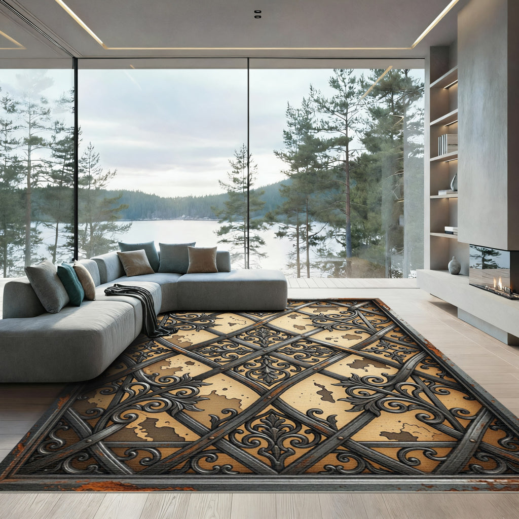 Ornate Black Scrollwork Map Trellis Rug
