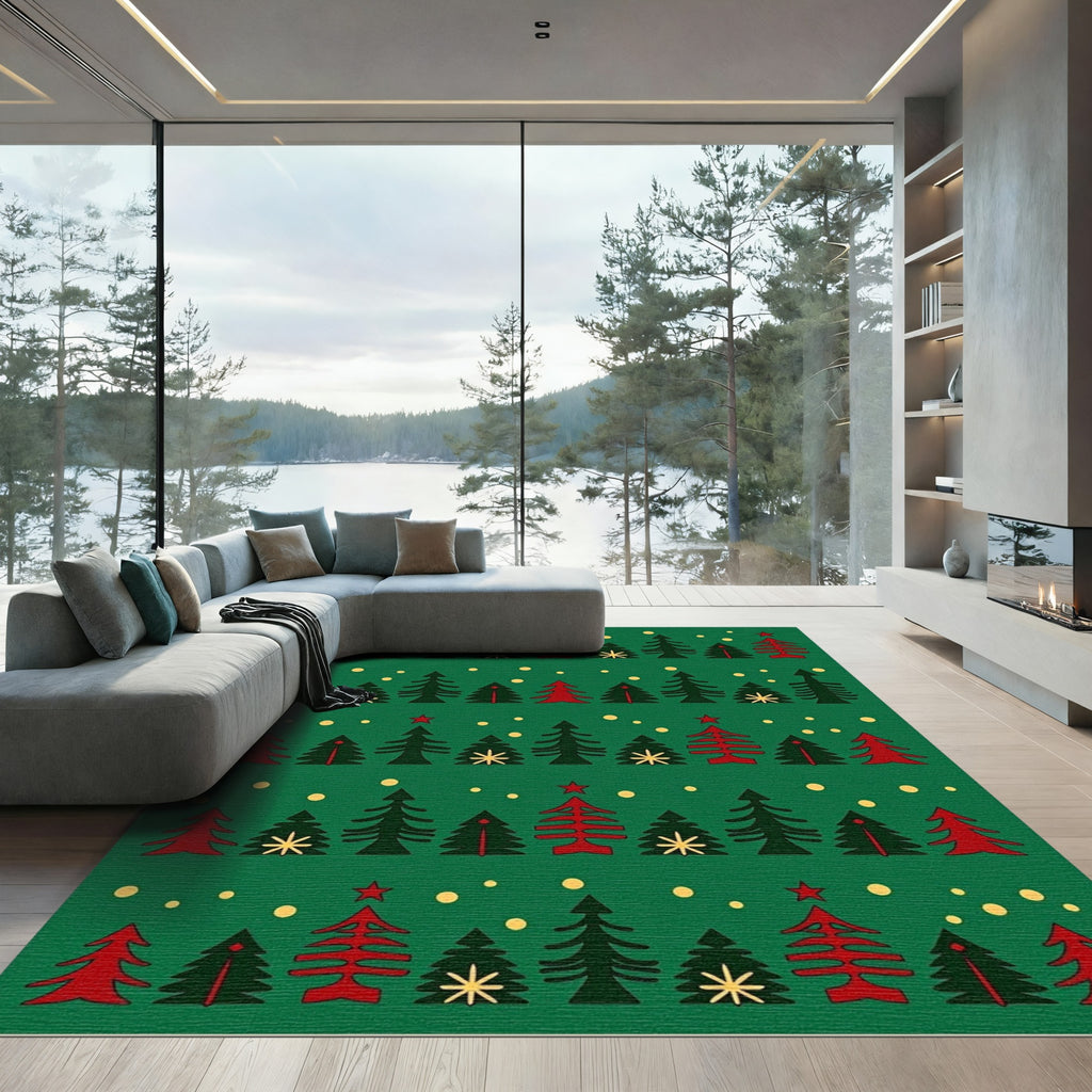Green Red Pine Christmas Lights Rug