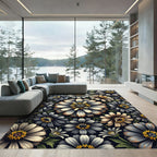 Monochromatic Floral Arrangement Black Canvas Rug