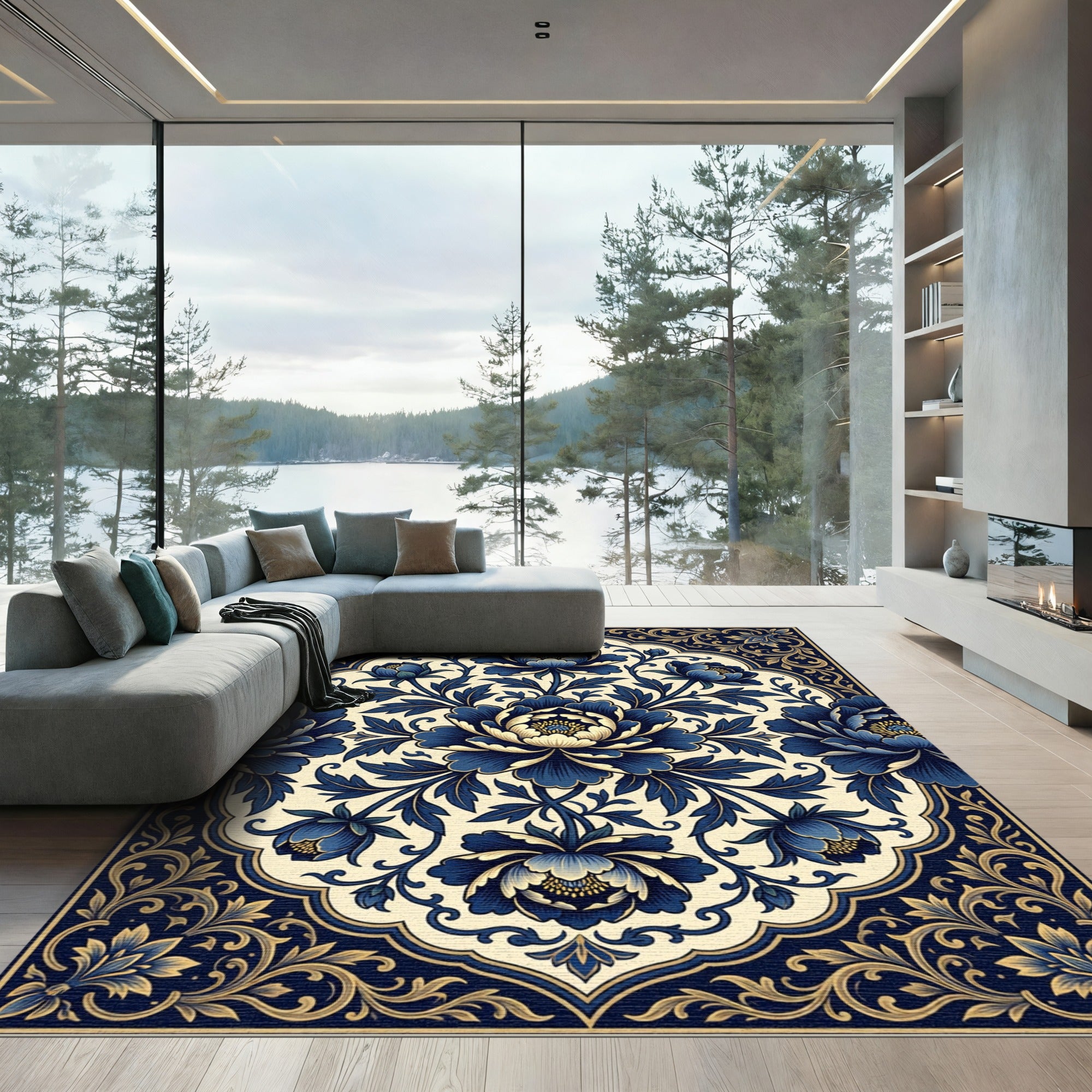 Midnight Blue Floral Medallion Ornate Tapestry Rug