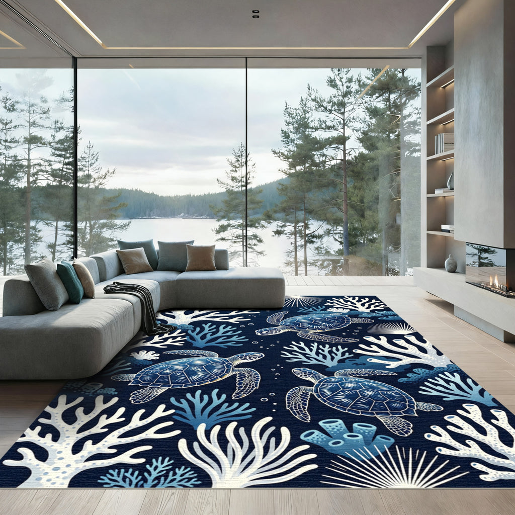Navy Sea Turtle Coral Reef Ocean Rug
