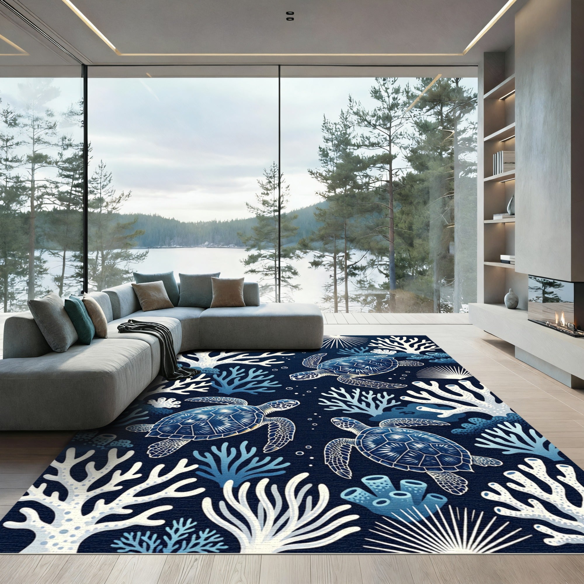 Navy Sea Turtle Coral Reef Ocean Rug