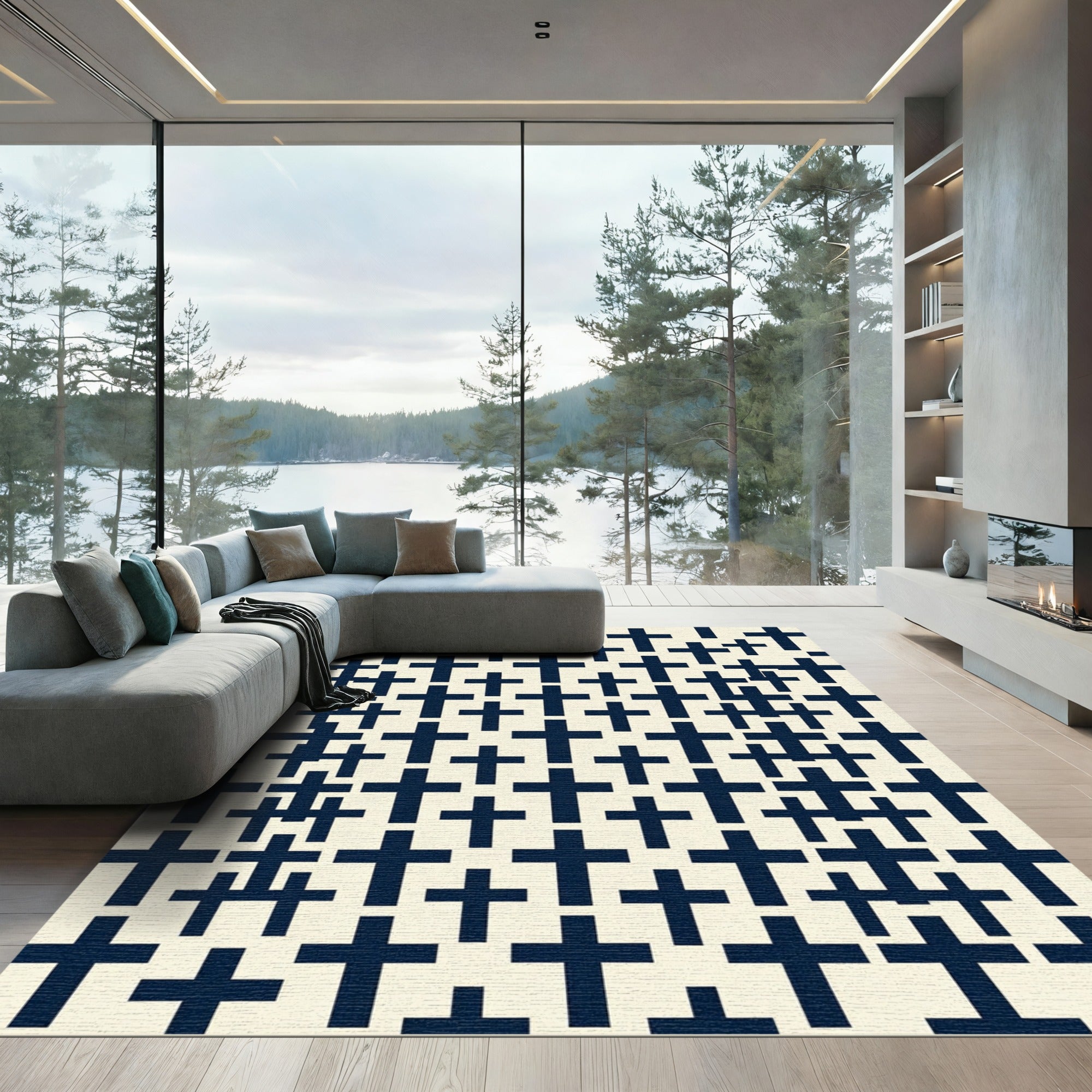 Minimalist Navy Cross Black White Grid Rug