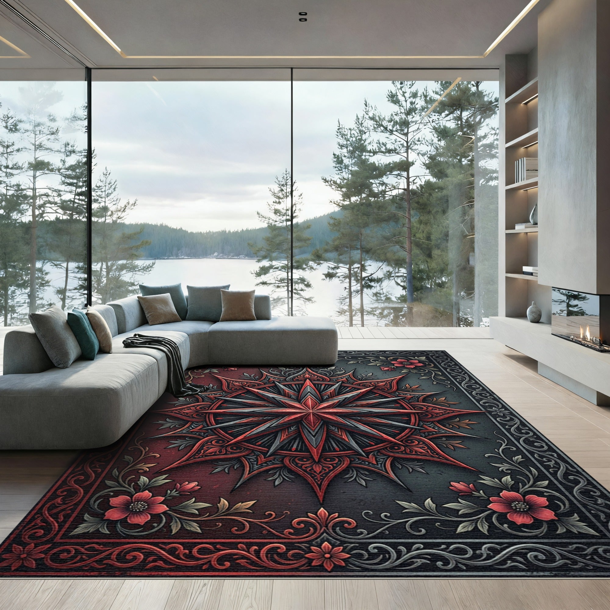 Gothic Crimson Star Floral Medallion Rug