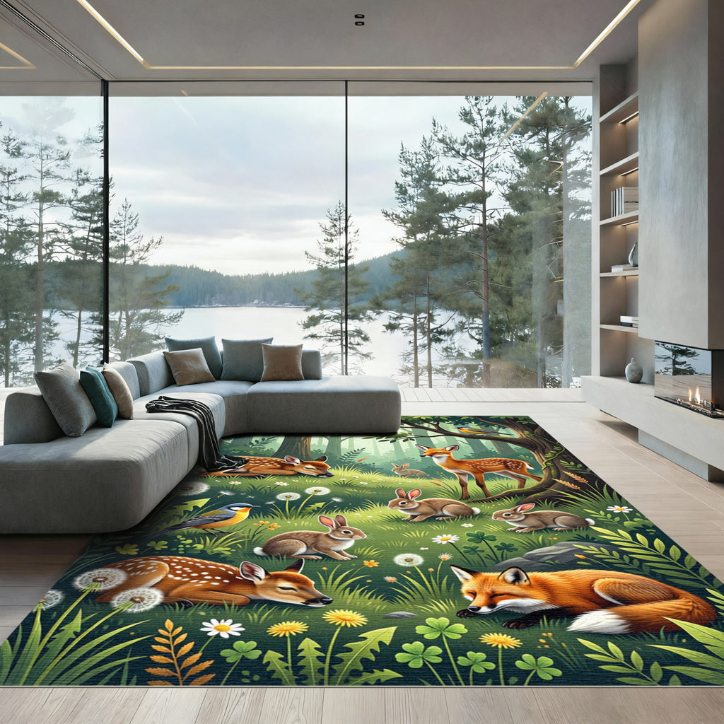 Enchanted Forest Animals Meadow Scene Rug