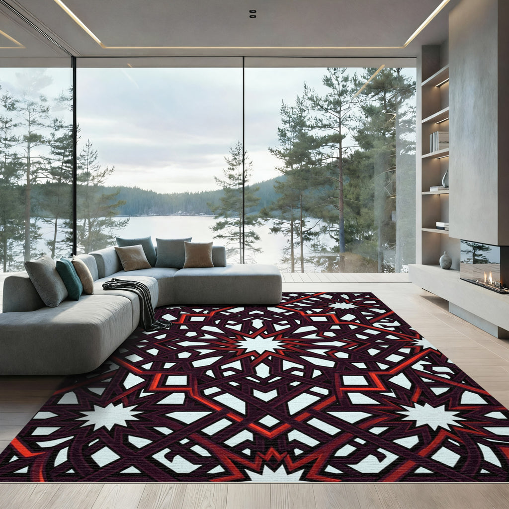 Crimson Geometric Star Intertwined Lattice Rug