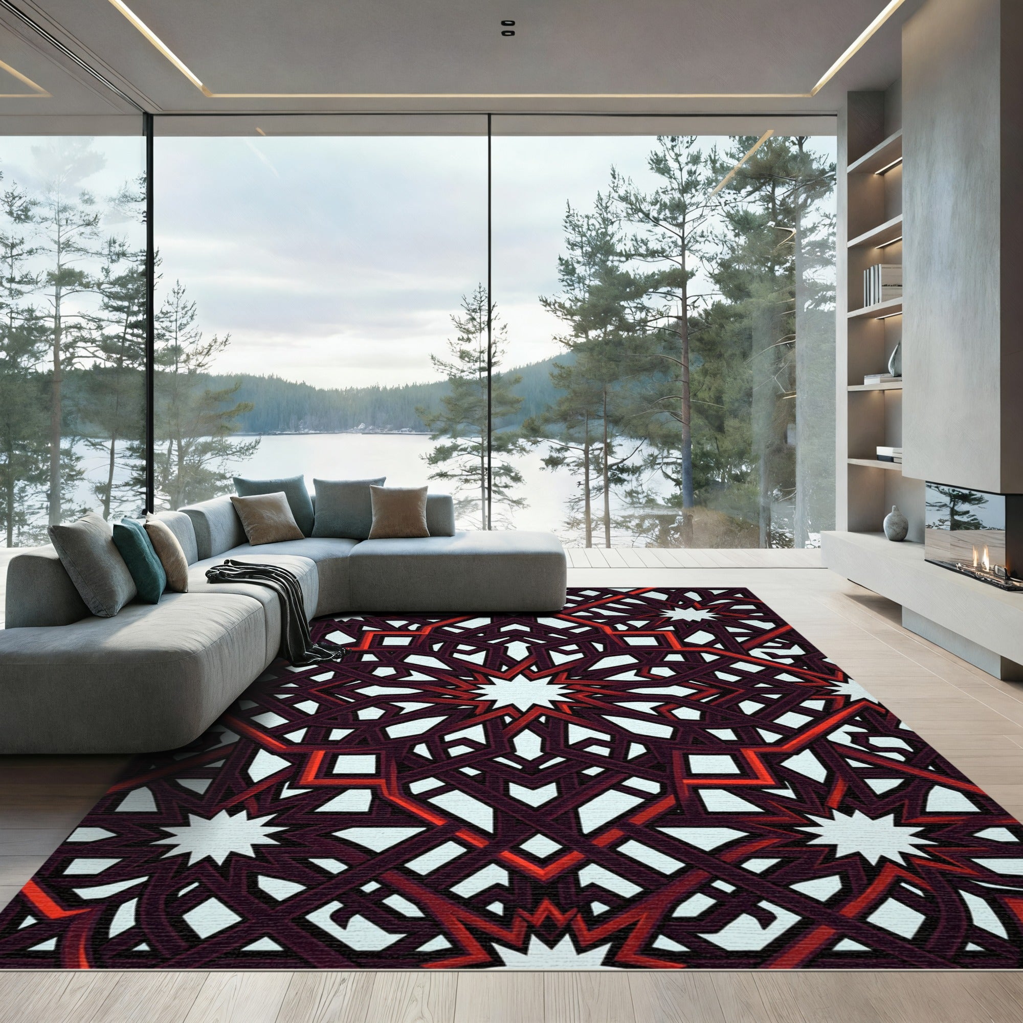 Crimson Geometric Star Intertwined Lattice Rug